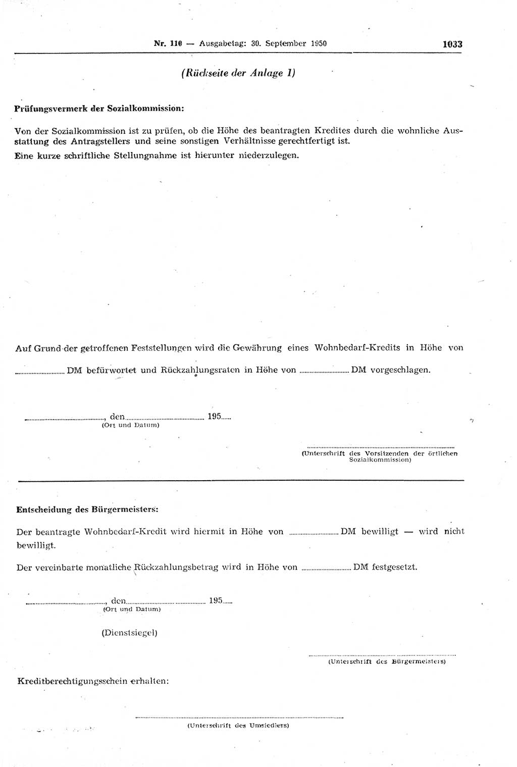 Gesetzblatt (GBl.) der Deutschen Demokratischen Republik (DDR) 1950, Seite 1033 (GBl. DDR 1950, S. 1033)