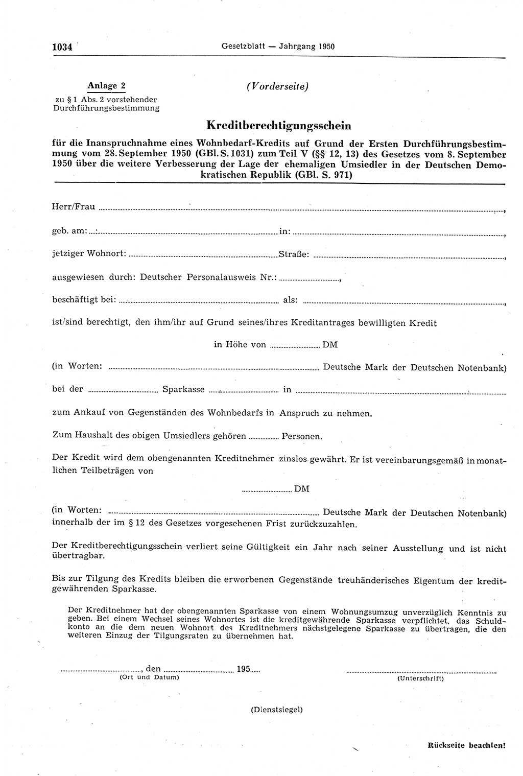 Gesetzblatt (GBl.) der Deutschen Demokratischen Republik (DDR) 1950, Seite 1034 (GBl. DDR 1950, S. 1034)