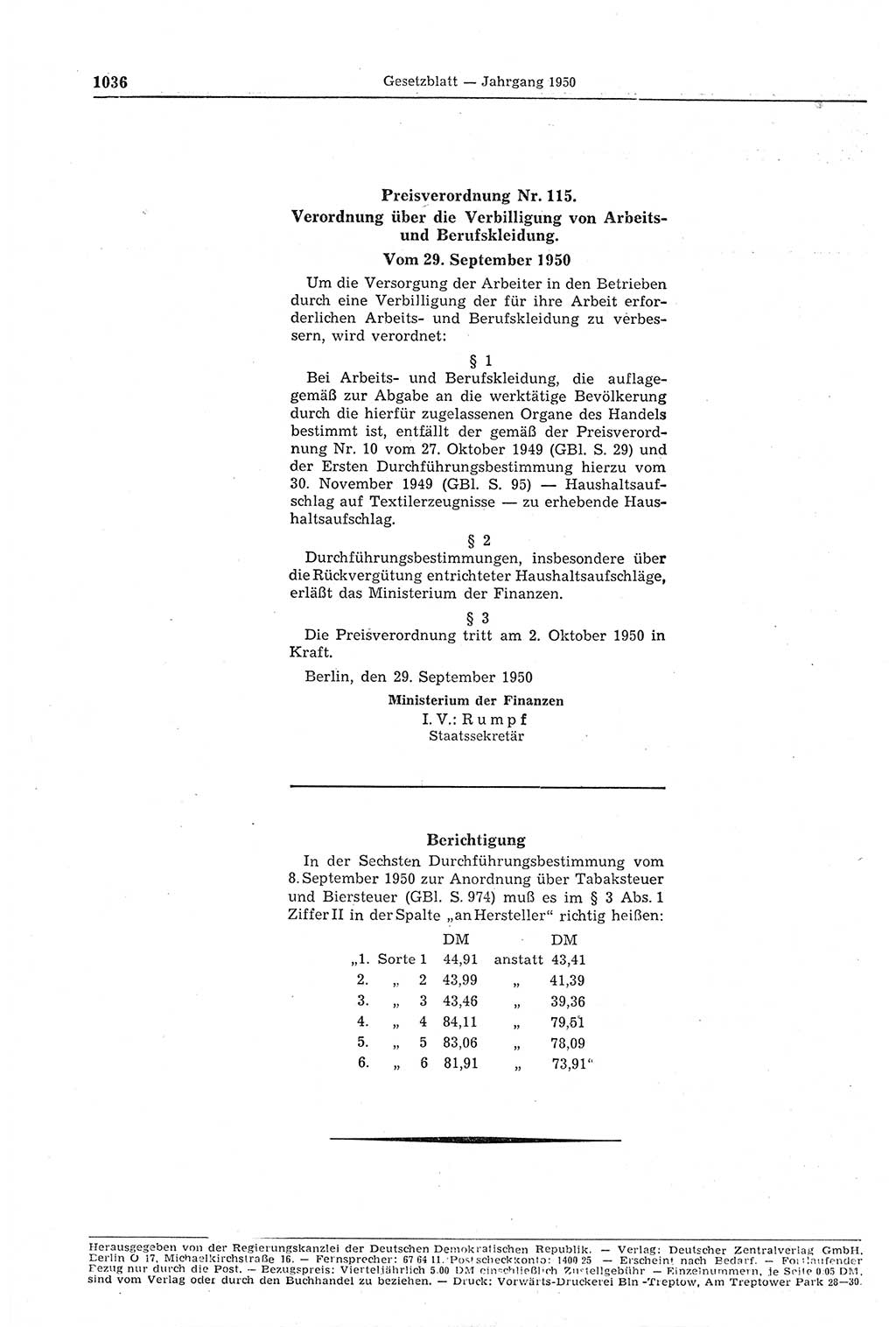 Gesetzblatt (GBl.) der Deutschen Demokratischen Republik (DDR) 1950, Seite 1036 (GBl. DDR 1950, S. 1036)