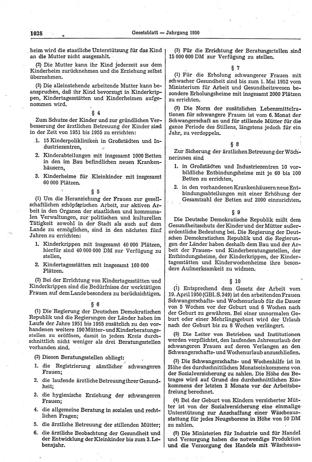 Gesetzblatt (GBl.) der Deutschen Demokratischen Republik (DDR) 1950, Seite 1038 (GBl. DDR 1950, S. 1038)