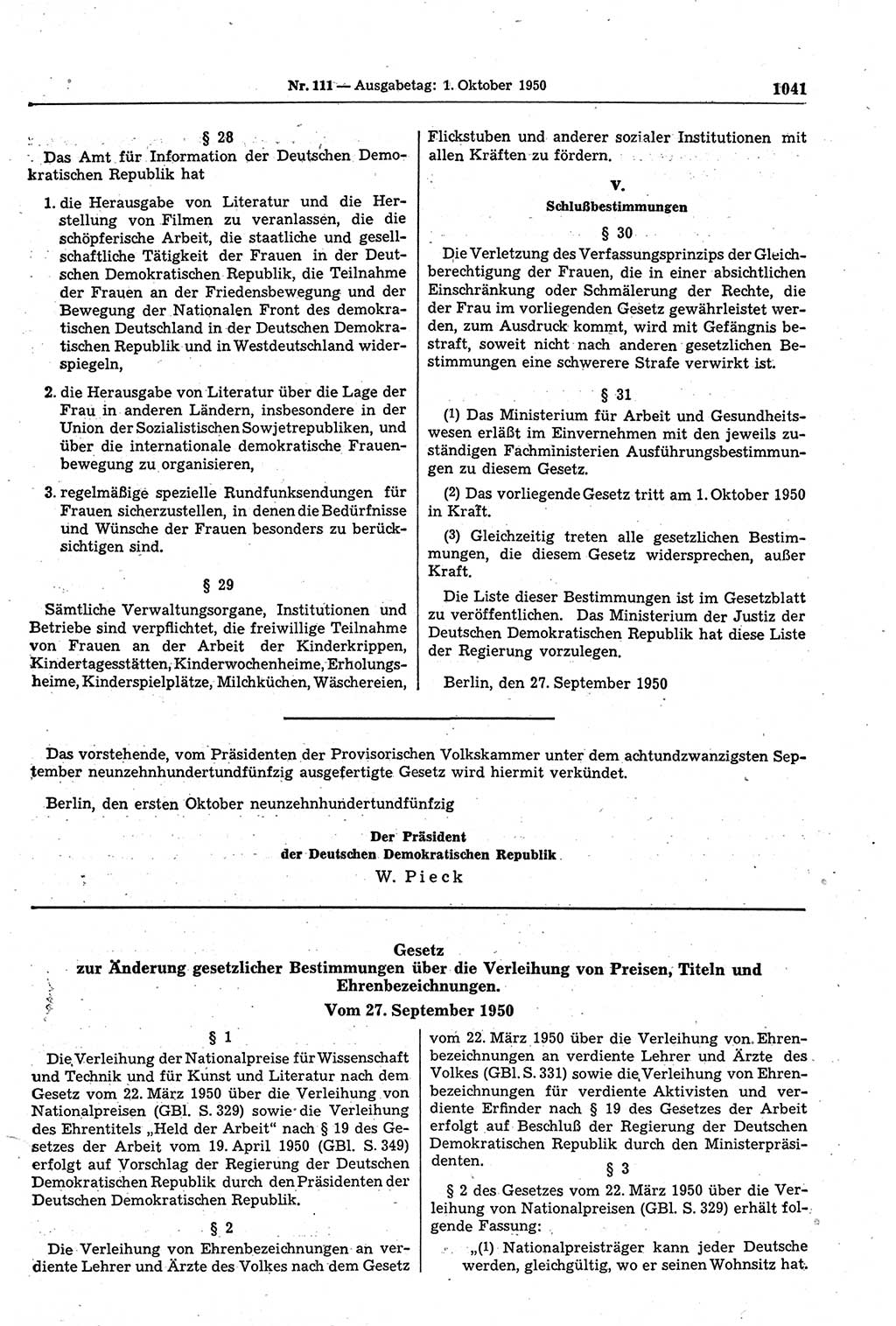 Gesetzblatt (GBl.) der Deutschen Demokratischen Republik (DDR) 1950, Seite 1041 (GBl. DDR 1950, S. 1041)
