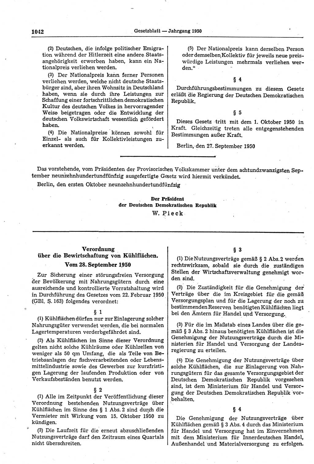 Gesetzblatt (GBl.) der Deutschen Demokratischen Republik (DDR) 1950, Seite 1042 (GBl. DDR 1950, S. 1042)