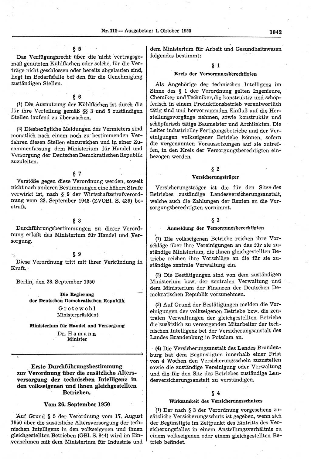 Gesetzblatt (GBl.) der Deutschen Demokratischen Republik (DDR) 1950, Seite 1043 (GBl. DDR 1950, S. 1043)