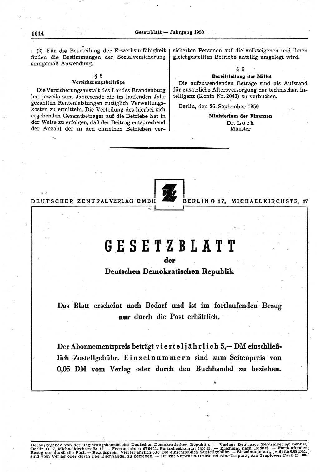 Gesetzblatt (GBl.) der Deutschen Demokratischen Republik (DDR) 1950, Seite 1044 (GBl. DDR 1950, S. 1044)