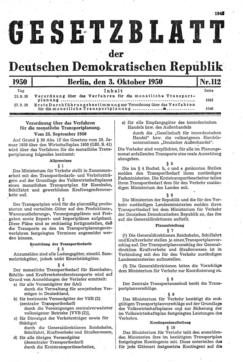 Gesetzblatt (GBl.) der Deutschen Demokratischen Republik (DDR) 1950, Seite 1045 (GBl. DDR 1950, S. 1045)