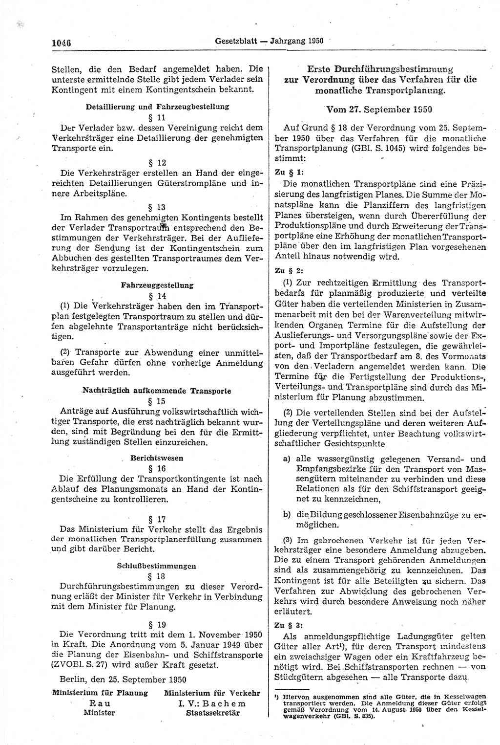 Gesetzblatt (GBl.) der Deutschen Demokratischen Republik (DDR) 1950, Seite 1046 (GBl. DDR 1950, S. 1046)