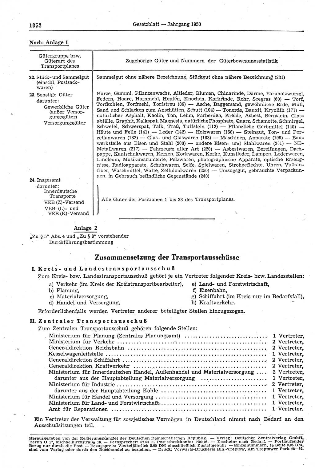 Gesetzblatt (GBl.) der Deutschen Demokratischen Republik (DDR) 1950, Seite 1052 (GBl. DDR 1950, S. 1052)