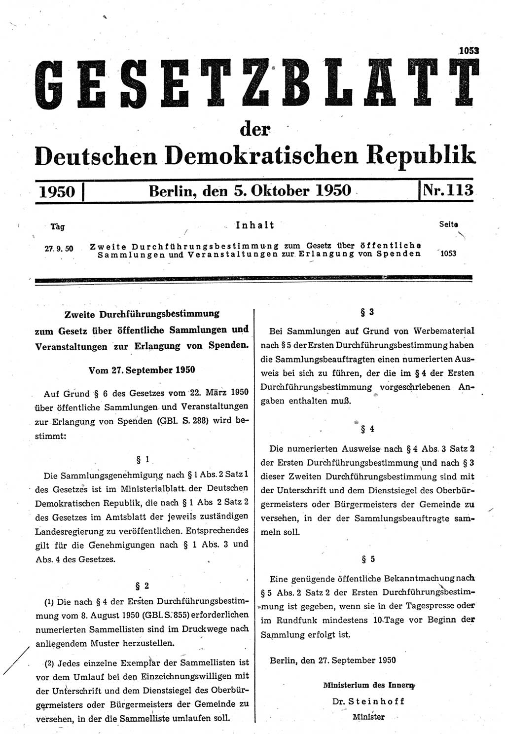 Gesetzblatt (GBl.) der Deutschen Demokratischen Republik (DDR) 1950, Seite 1053 (GBl. DDR 1950, S. 1053)