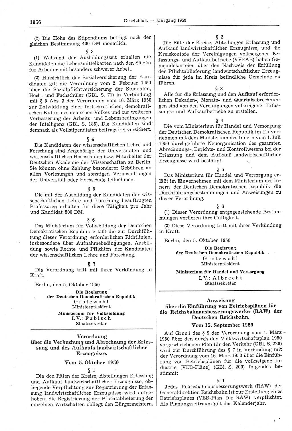 Gesetzblatt (GBl.) der Deutschen Demokratischen Republik (DDR) 1950, Seite 1056 (GBl. DDR 1950, S. 1056)