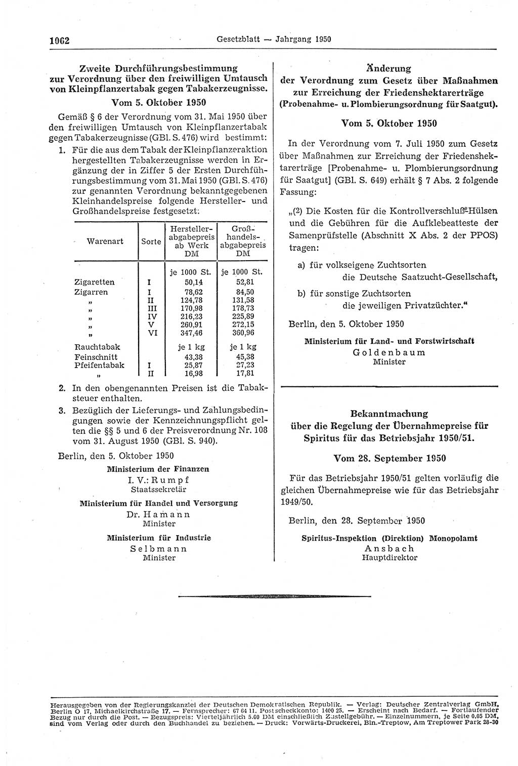 Gesetzblatt (GBl.) der Deutschen Demokratischen Republik (DDR) 1950, Seite 1062 (GBl. DDR 1950, S. 1062)