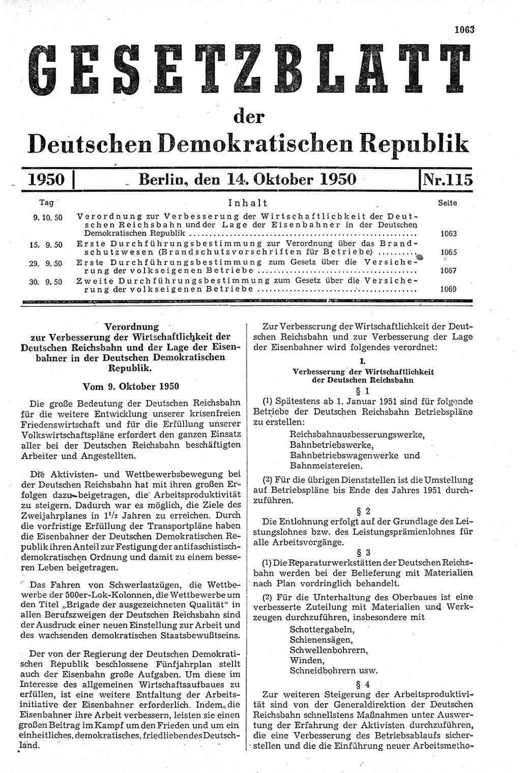 Gesetzblatt (GBl.) der Deutschen Demokratischen Republik (DDR) 1950, Seite 1063 (GBl. DDR 1950, S. 1063)