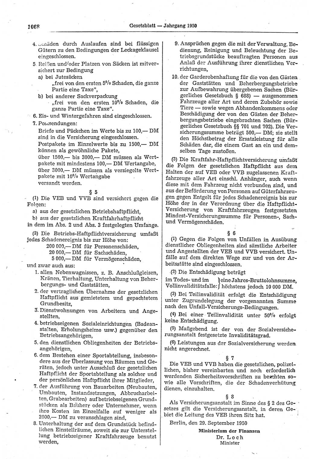 Gesetzblatt (GBl.) der Deutschen Demokratischen Republik (DDR) 1950, Seite 1068 (GBl. DDR 1950, S. 1068)