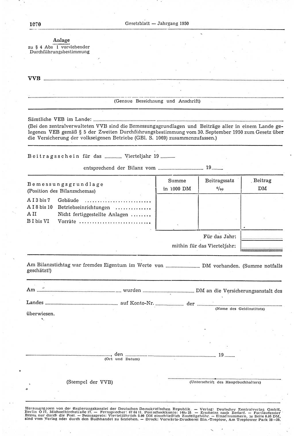 Gesetzblatt (GBl.) der Deutschen Demokratischen Republik (DDR) 1950, Seite 1070 (GBl. DDR 1950, S. 1070)