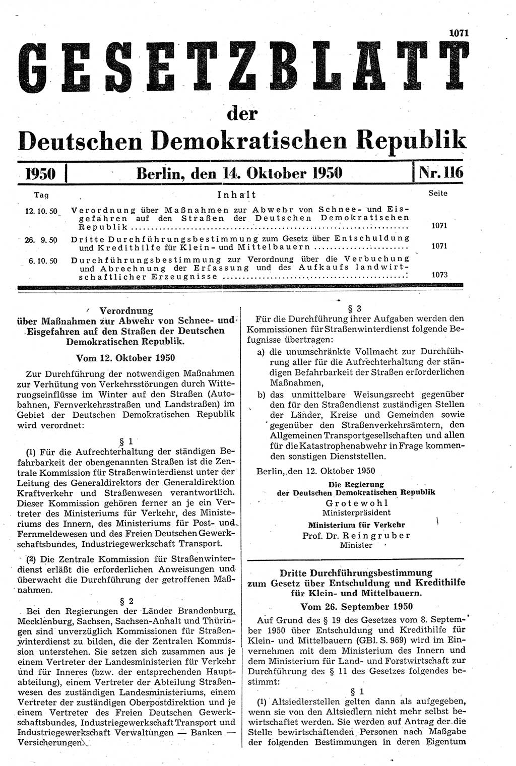 Gesetzblatt (GBl.) der Deutschen Demokratischen Republik (DDR) 1950, Seite 1071 (GBl. DDR 1950, S. 1071)