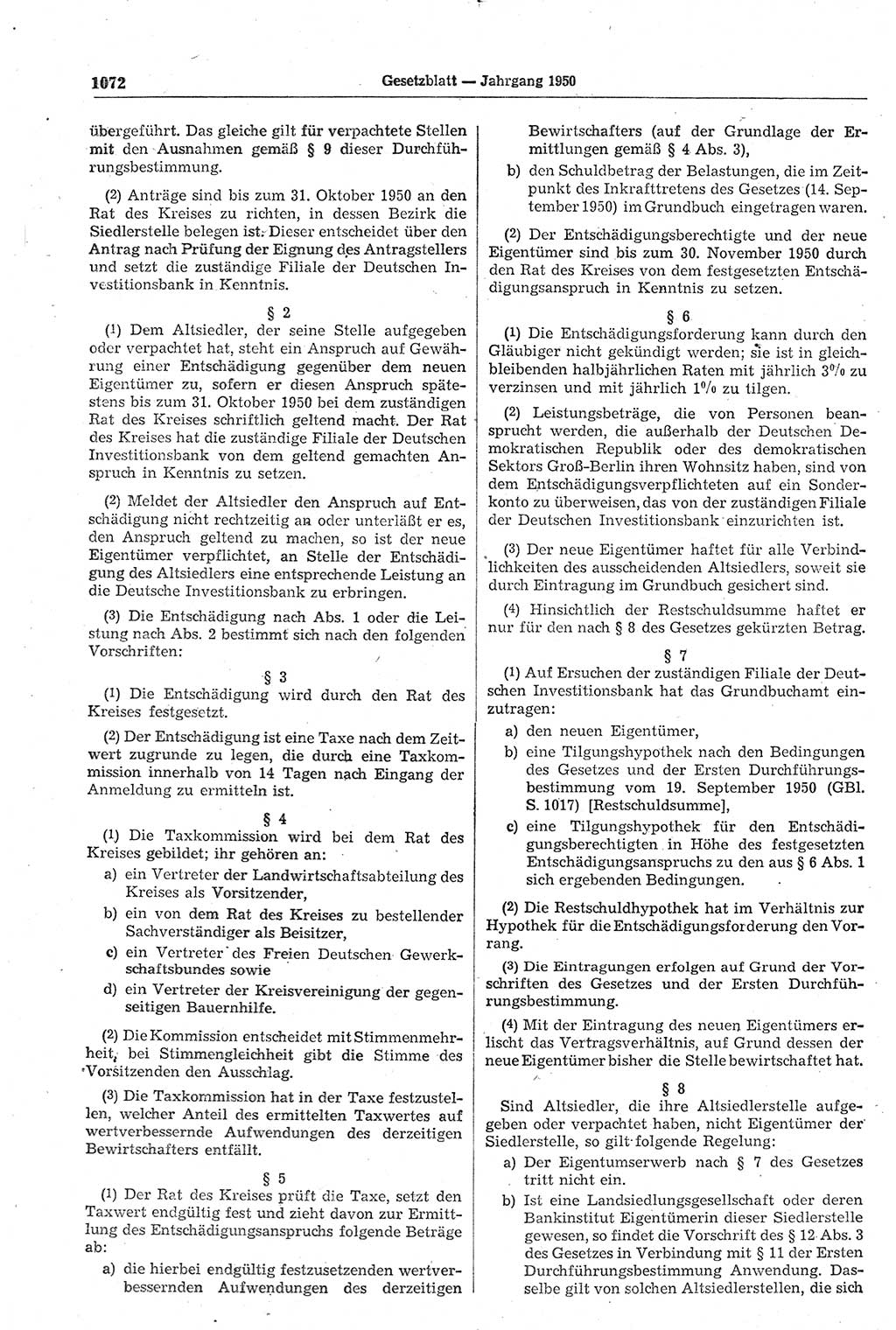 Gesetzblatt (GBl.) der Deutschen Demokratischen Republik (DDR) 1950, Seite 1072 (GBl. DDR 1950, S. 1072)