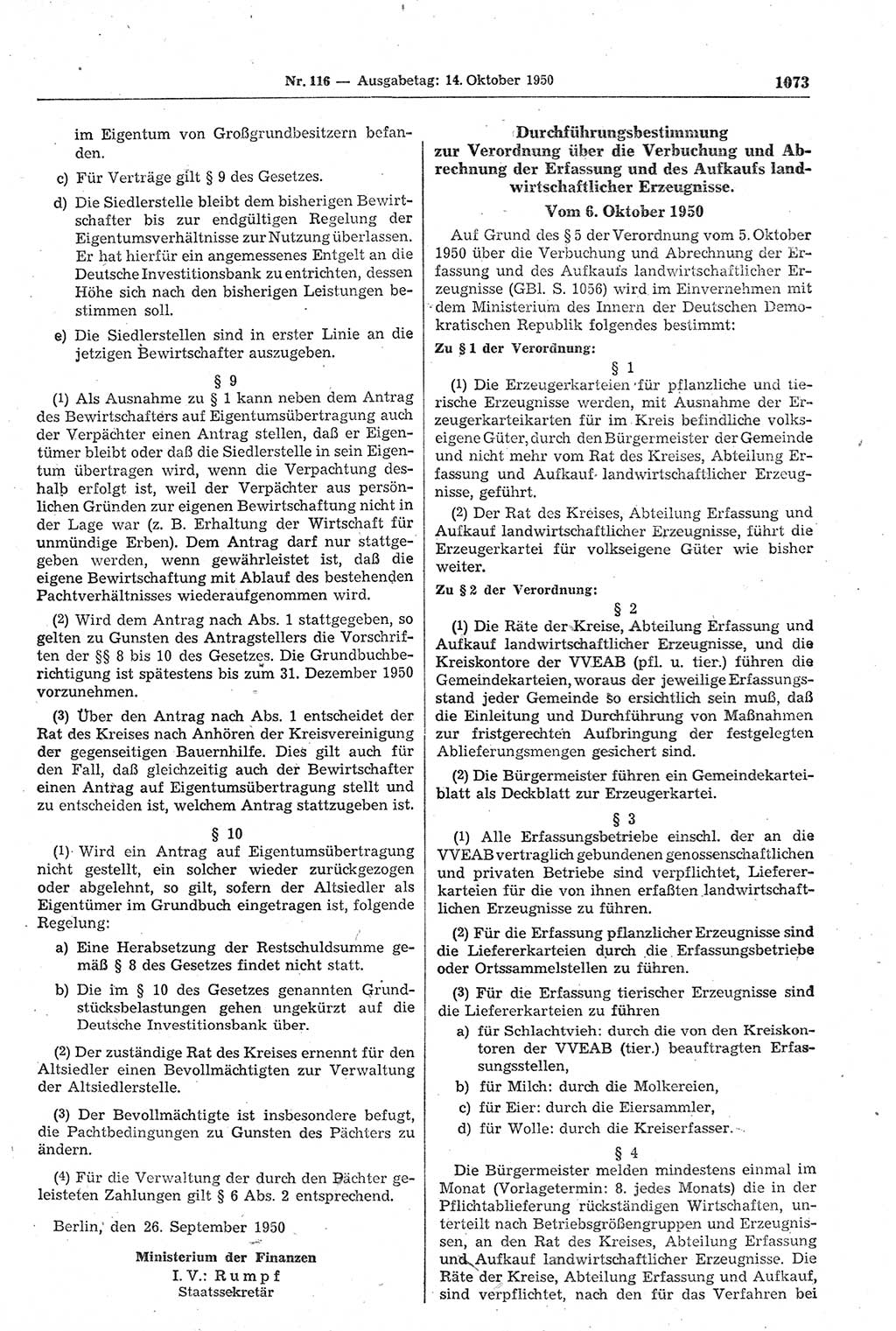 Gesetzblatt (GBl.) der Deutschen Demokratischen Republik (DDR) 1950, Seite 1073 (GBl. DDR 1950, S. 1073)