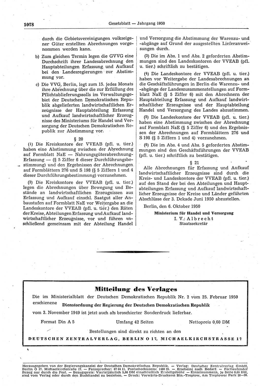 Gesetzblatt (GBl.) der Deutschen Demokratischen Republik (DDR) 1950, Seite 1078 (GBl. DDR 1950, S. 1078)