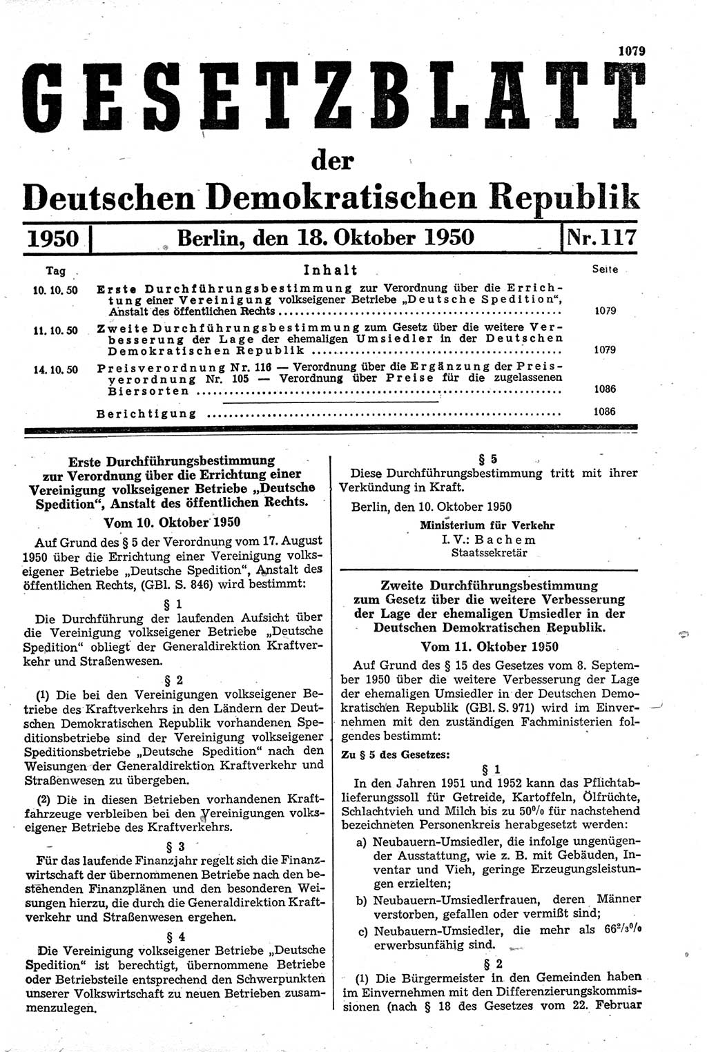 Gesetzblatt (GBl.) der Deutschen Demokratischen Republik (DDR) 1950, Seite 1079 (GBl. DDR 1950, S. 1079)