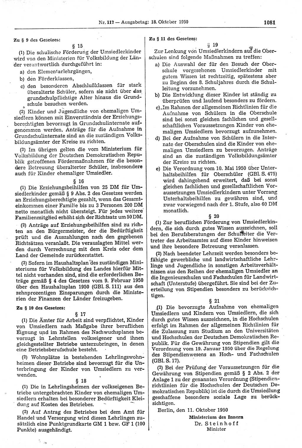 Gesetzblatt (GBl.) der Deutschen Demokratischen Republik (DDR) 1950, Seite 1081 (GBl. DDR 1950, S. 1081)