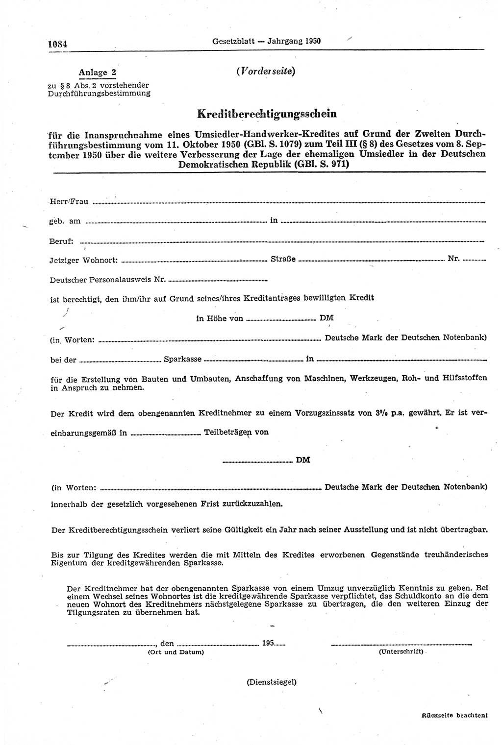 Gesetzblatt (GBl.) der Deutschen Demokratischen Republik (DDR) 1950, Seite 1084 (GBl. DDR 1950, S. 1084)
