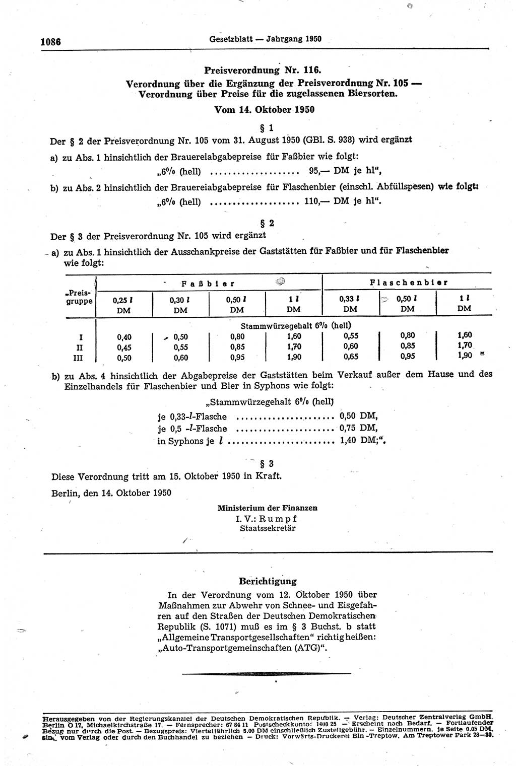 Gesetzblatt (GBl.) der Deutschen Demokratischen Republik (DDR) 1950, Seite 1086 (GBl. DDR 1950, S. 1086)