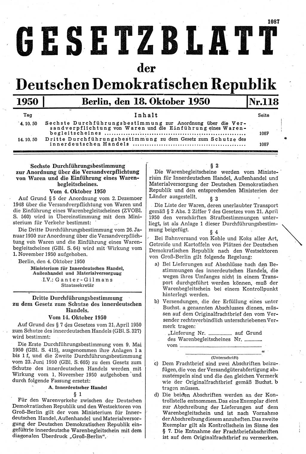 Gesetzblatt (GBl.) der Deutschen Demokratischen Republik (DDR) 1950, Seite 1087 (GBl. DDR 1950, S. 1087)