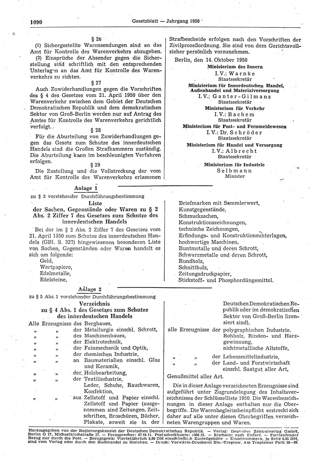 Gesetzblatt (GBl.) der Deutschen Demokratischen Republik (DDR) 1950, Seite 1090 (GBl. DDR 1950, S. 1090)