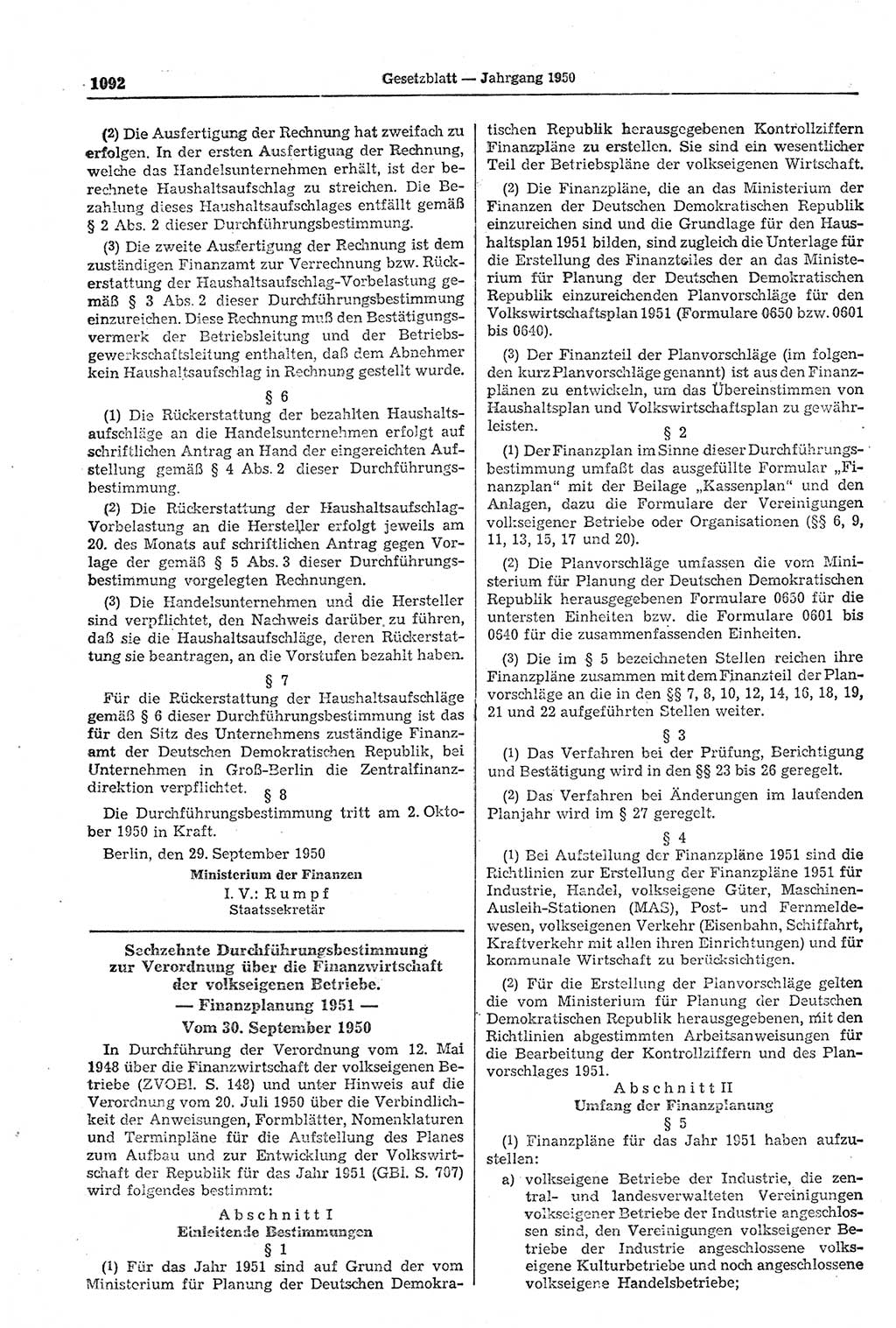 Gesetzblatt (GBl.) der Deutschen Demokratischen Republik (DDR) 1950, Seite 1092 (GBl. DDR 1950, S. 1092)