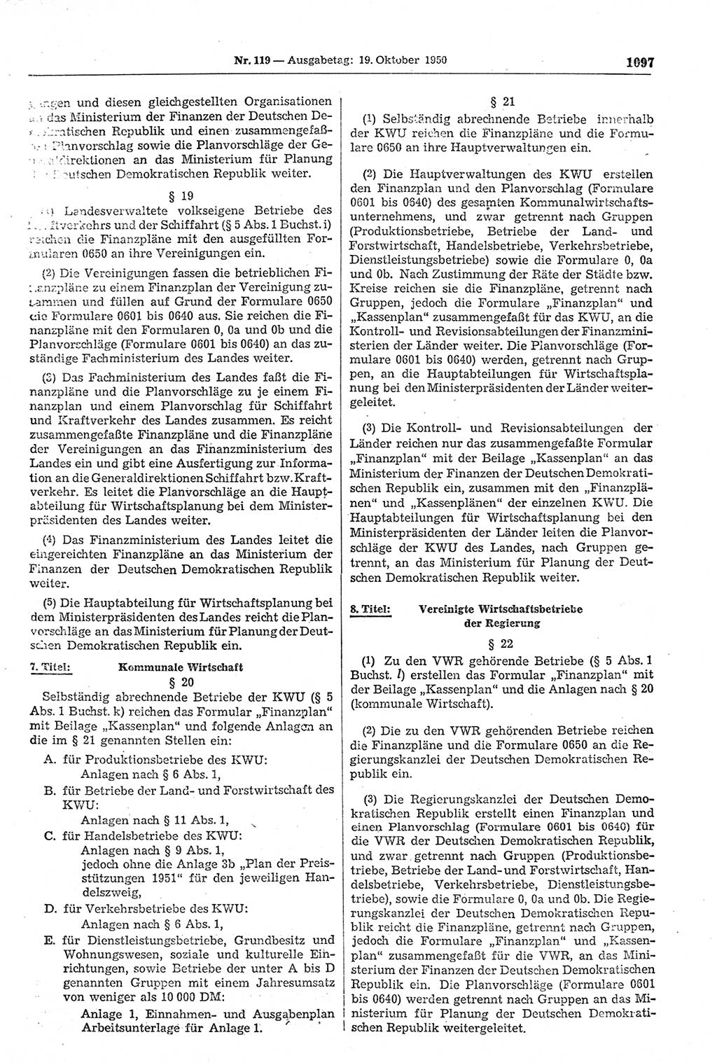 Gesetzblatt (GBl.) der Deutschen Demokratischen Republik (DDR) 1950, Seite 1097 (GBl. DDR 1950, S. 1097)