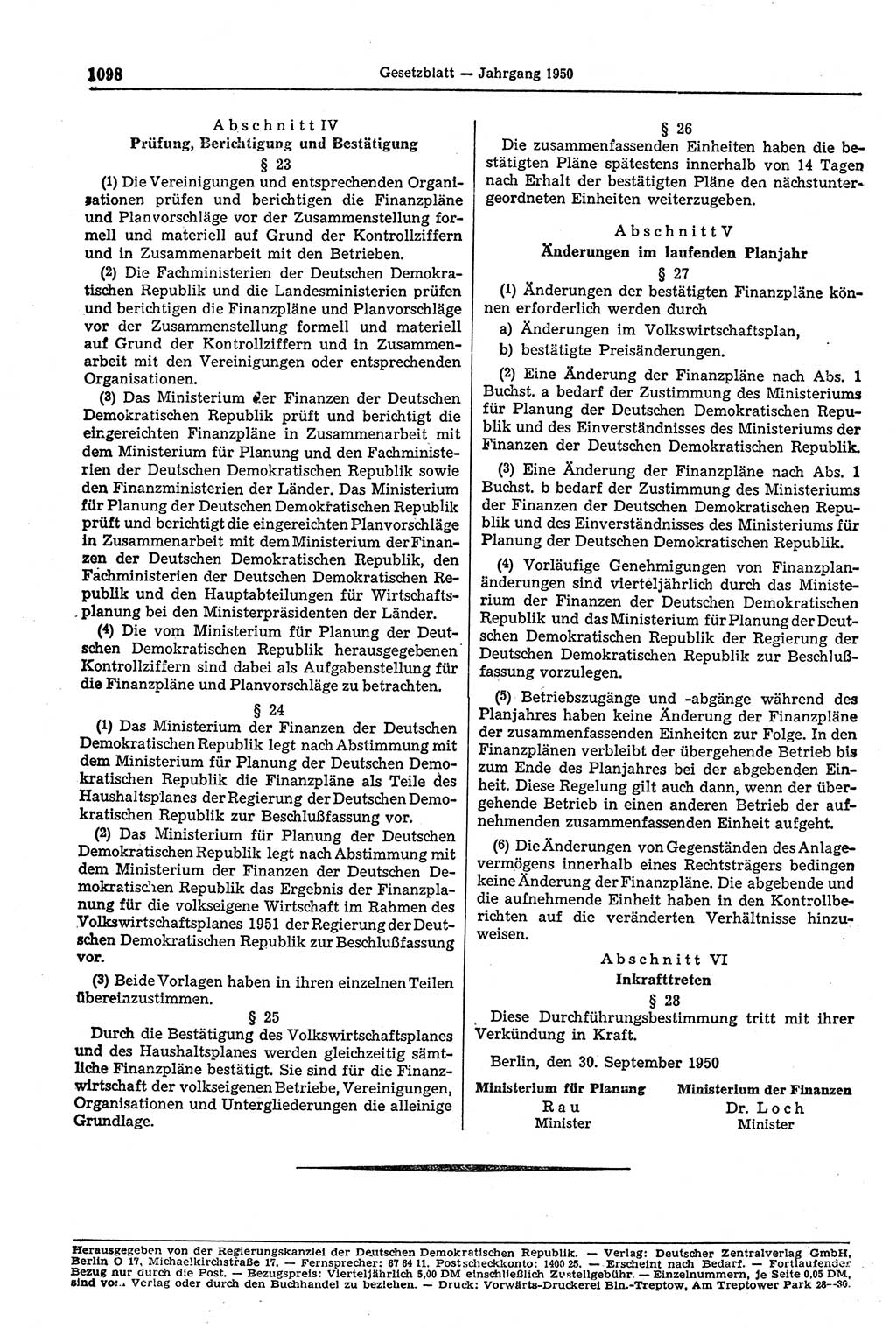 Gesetzblatt (GBl.) der Deutschen Demokratischen Republik (DDR) 1950, Seite 1098 (GBl. DDR 1950, S. 1098)