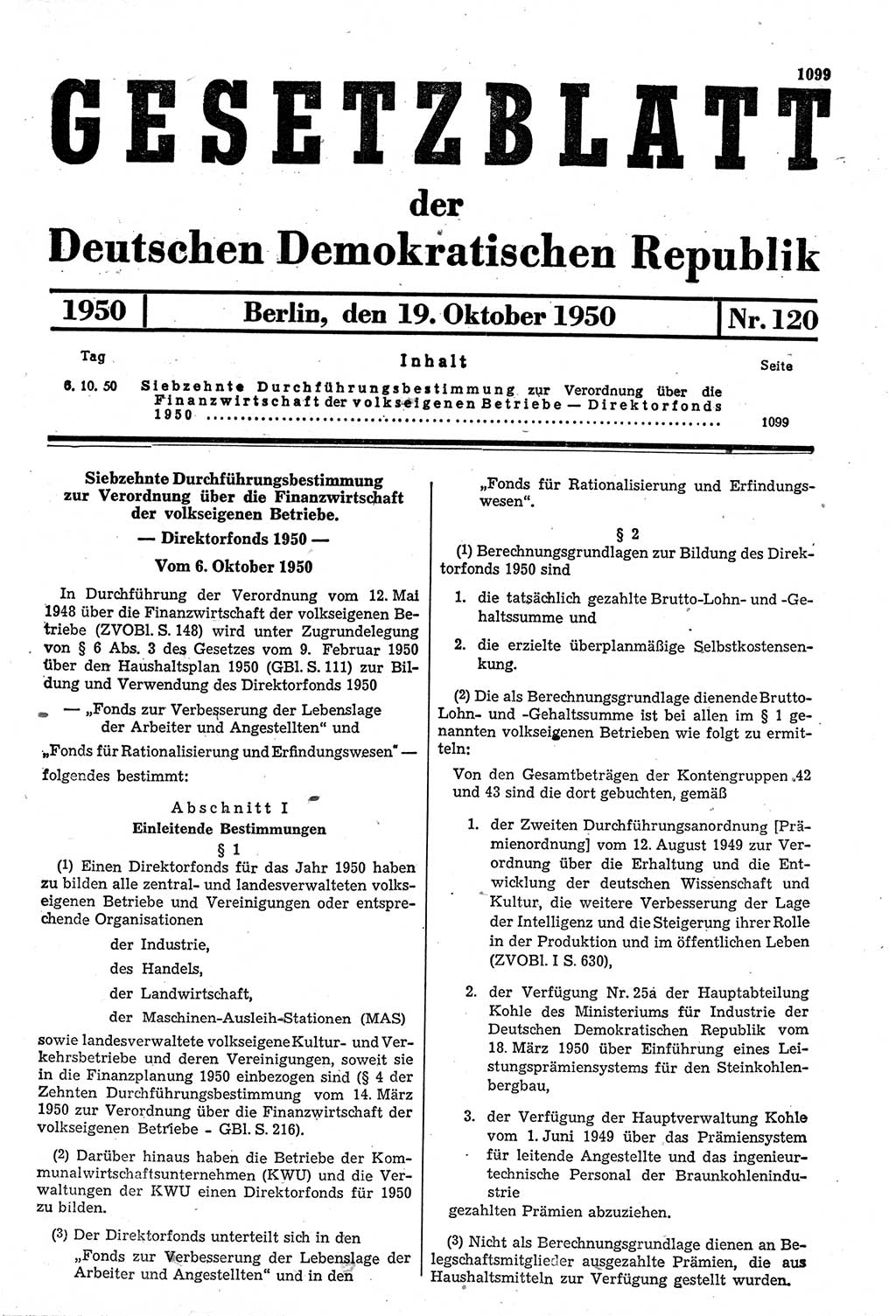 Gesetzblatt (GBl.) der Deutschen Demokratischen Republik (DDR) 1950, Seite 1099 (GBl. DDR 1950, S. 1099)