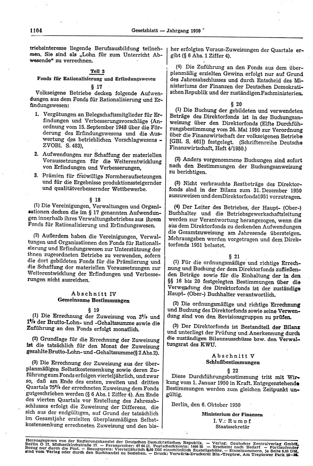 Gesetzblatt (GBl.) der Deutschen Demokratischen Republik (DDR) 1950, Seite 1104 (GBl. DDR 1950, S. 1104)