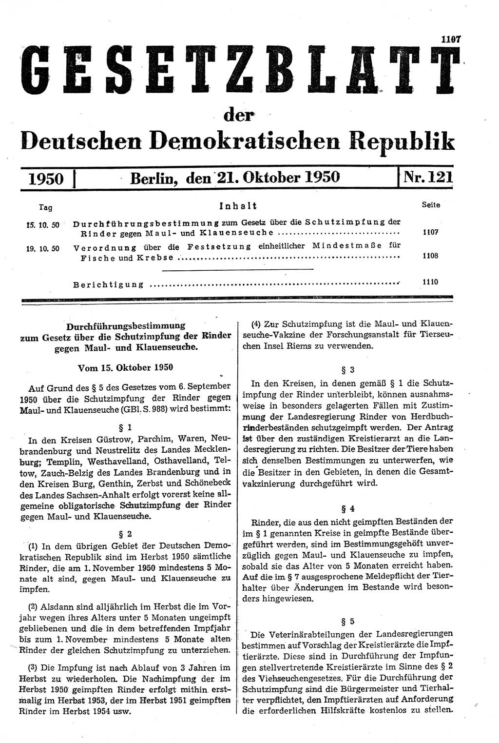 Gesetzblatt (GBl.) der Deutschen Demokratischen Republik (DDR) 1950, Seite 1107 (GBl. DDR 1950, S. 1107)