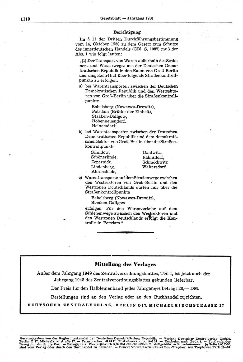 Gesetzblatt (GBl.) der Deutschen Demokratischen Republik (DDR) 1950, Seite 1110 (GBl. DDR 1950, S. 1110)