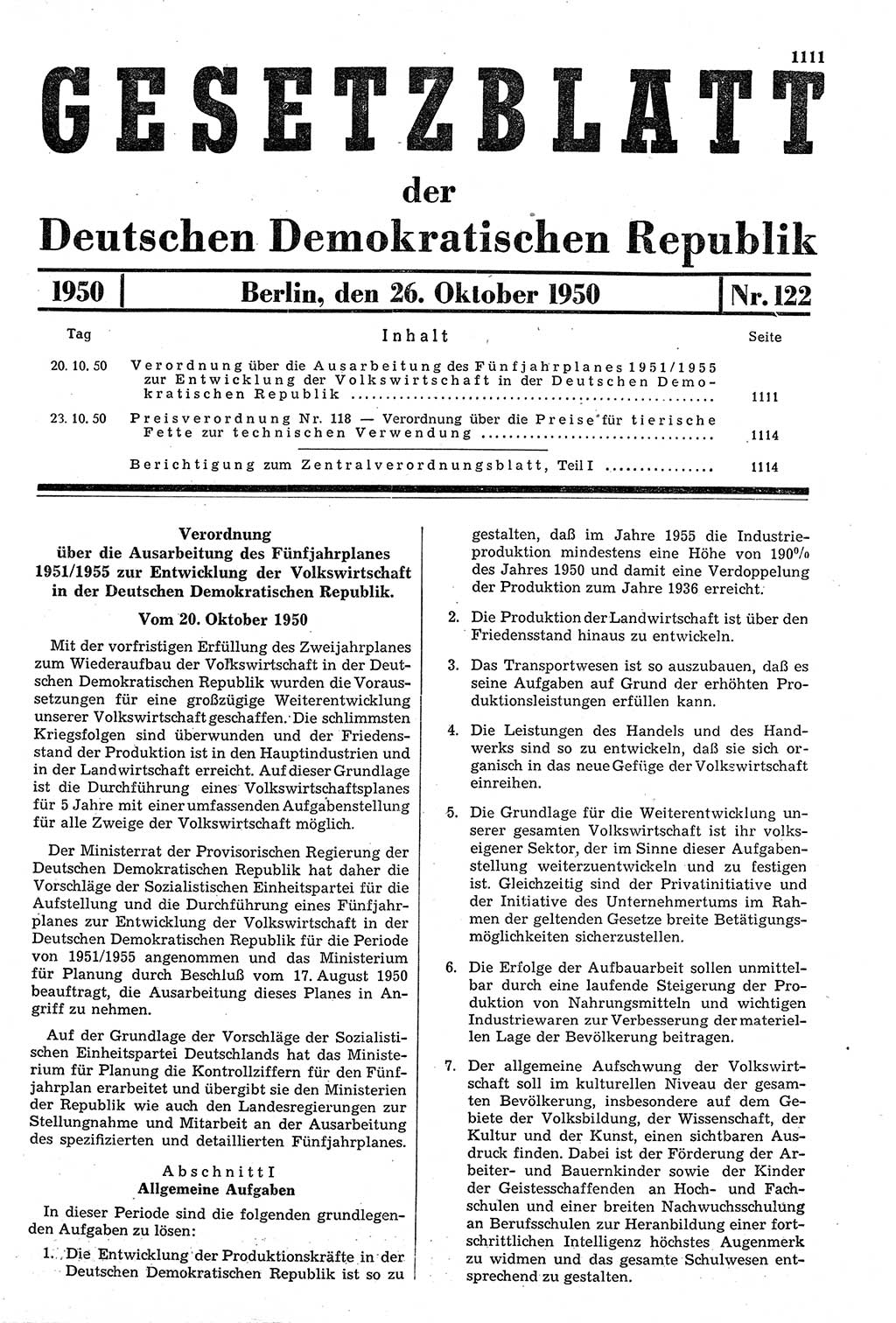 Gesetzblatt (GBl.) der Deutschen Demokratischen Republik (DDR) 1950, Seite 1111 (GBl. DDR 1950, S. 1111)