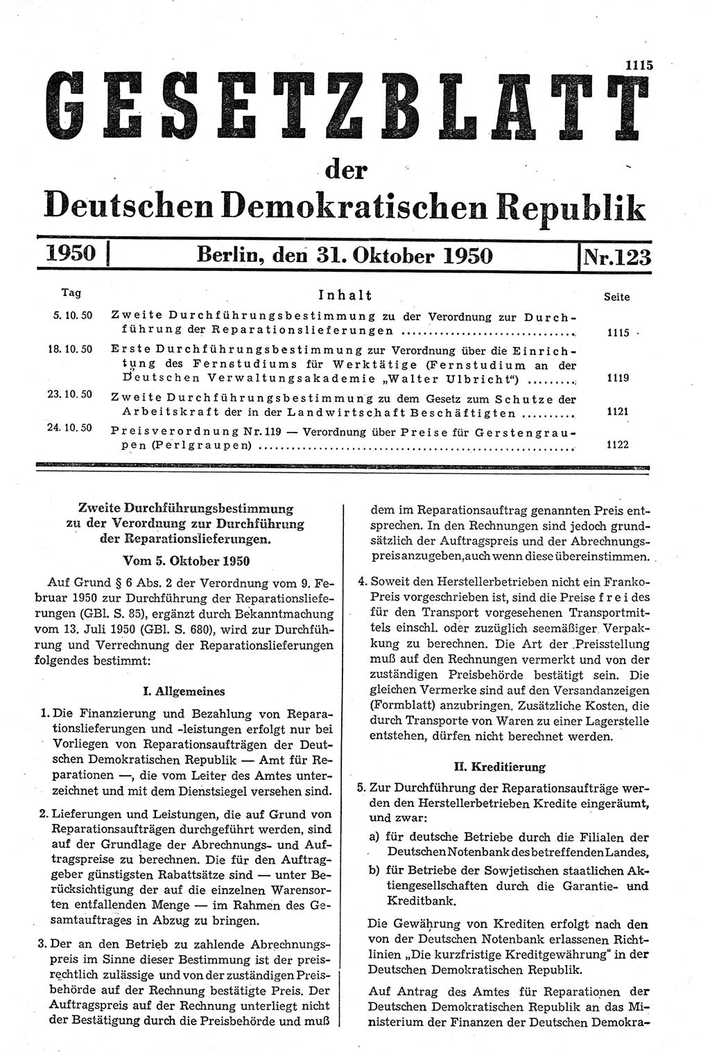 Gesetzblatt (GBl.) der Deutschen Demokratischen Republik (DDR) 1950, Seite 1115 (GBl. DDR 1950, S. 1115)