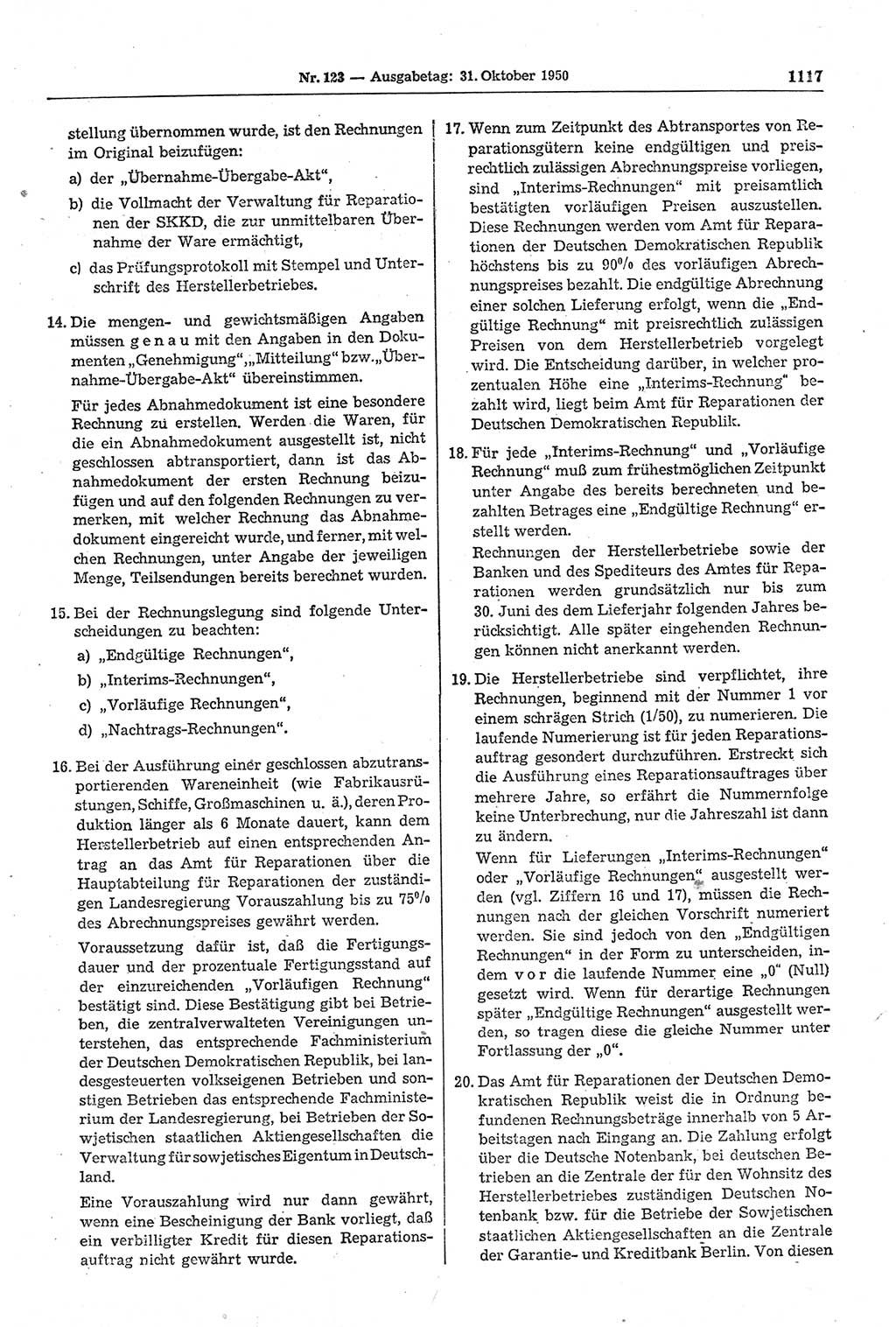 Gesetzblatt (GBl.) der Deutschen Demokratischen Republik (DDR) 1950, Seite 1117 (GBl. DDR 1950, S. 1117)