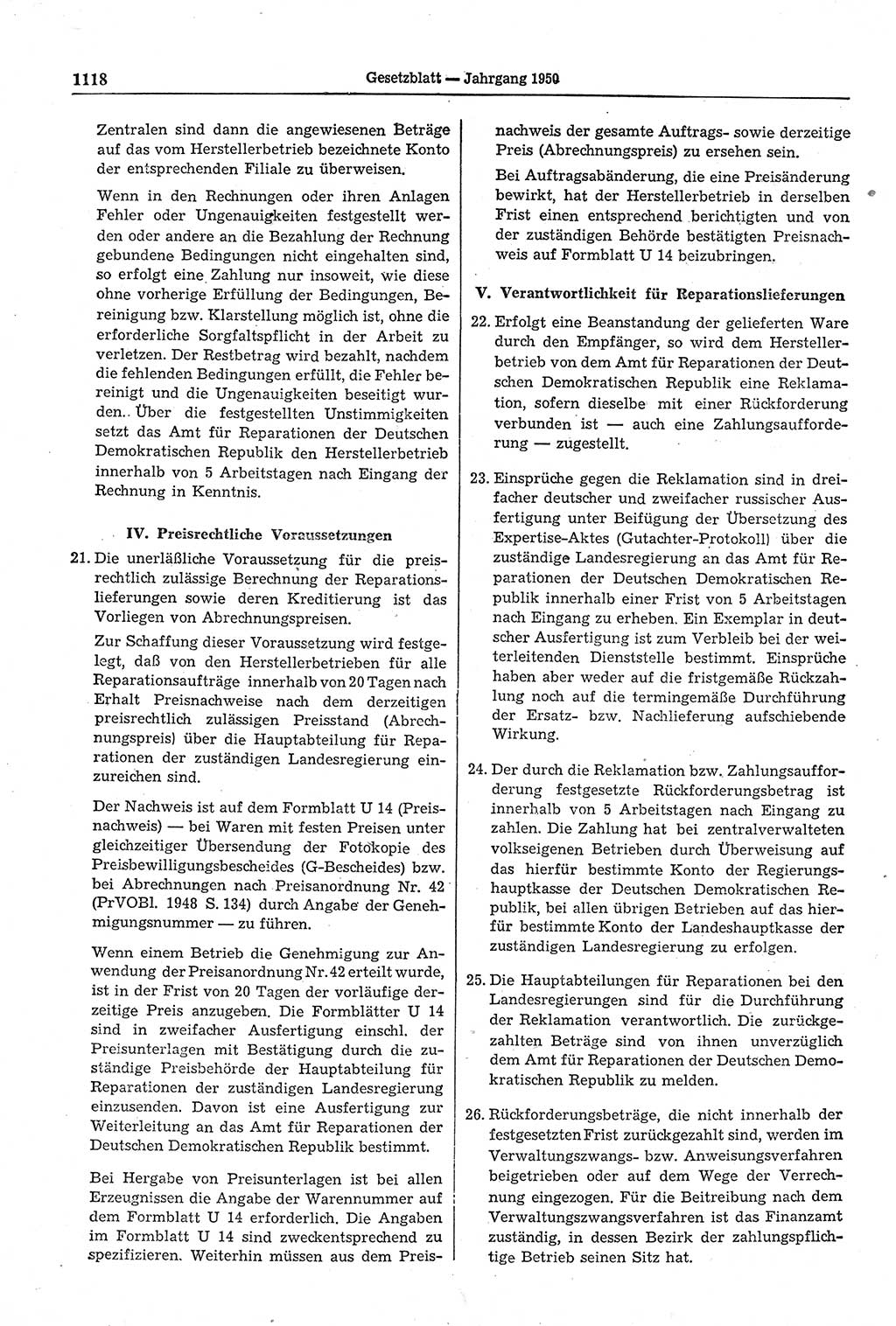 Gesetzblatt (GBl.) der Deutschen Demokratischen Republik (DDR) 1950, Seite 1118 (GBl. DDR 1950, S. 1118)