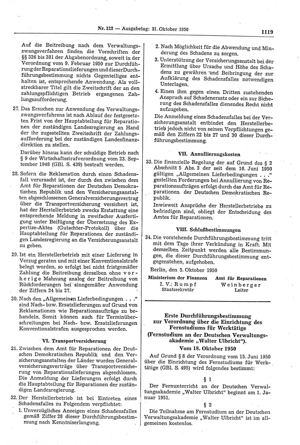 Gesetzblatt (GBl.) der Deutschen Demokratischen Republik (DDR) 1950, Seite 1119 (GBl. DDR 1950, S. 1119)