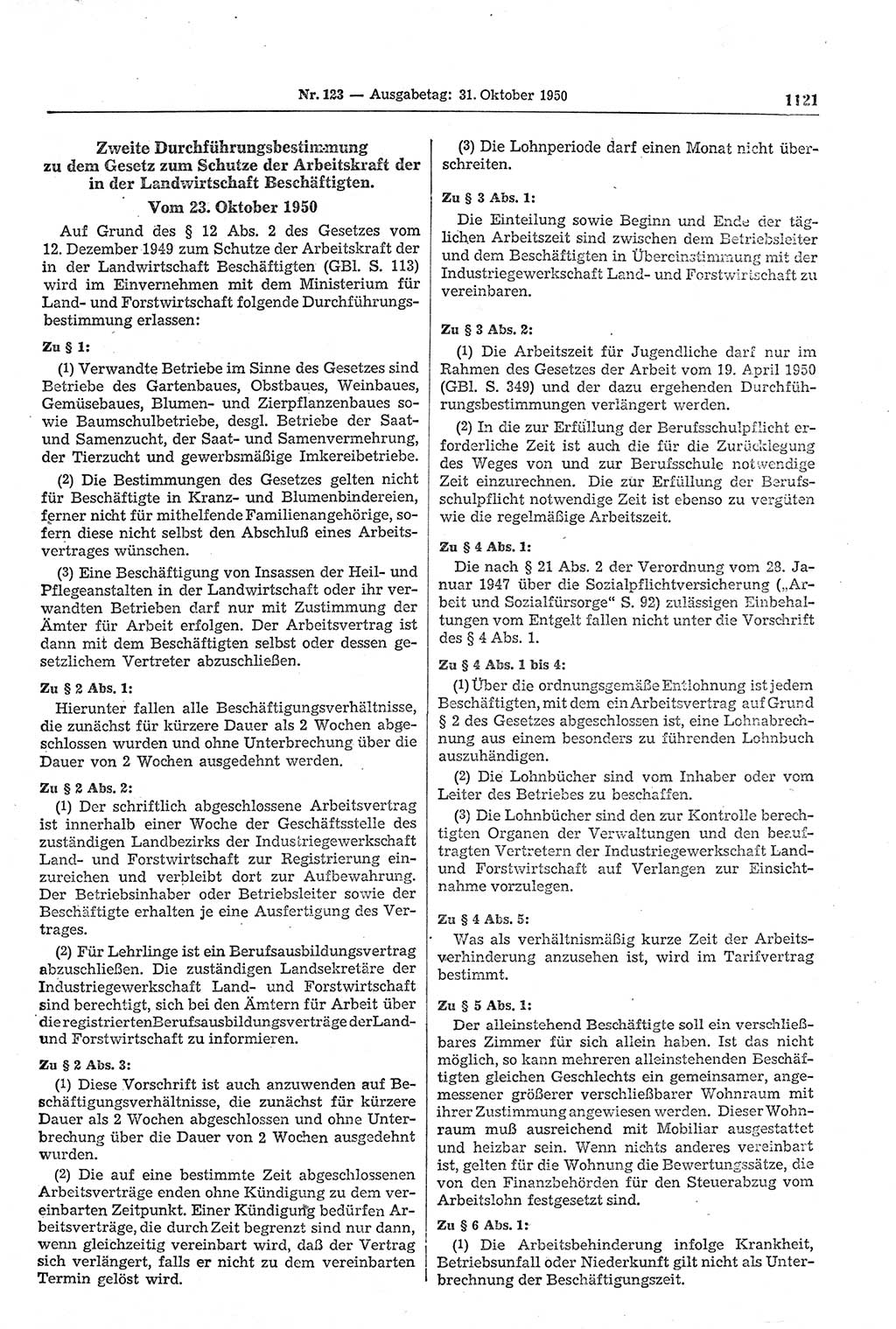 Gesetzblatt (GBl.) der Deutschen Demokratischen Republik (DDR) 1950, Seite 1121 (GBl. DDR 1950, S. 1121)