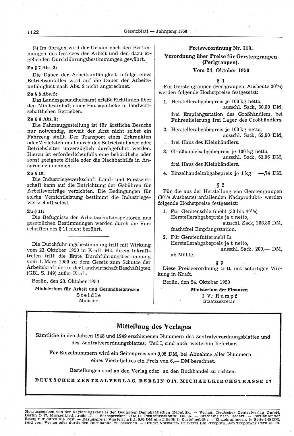 Gesetzblatt (GBl.) der Deutschen Demokratischen Republik (DDR) 1950, Seite 1122 (GBl. DDR 1950, S. 1122)