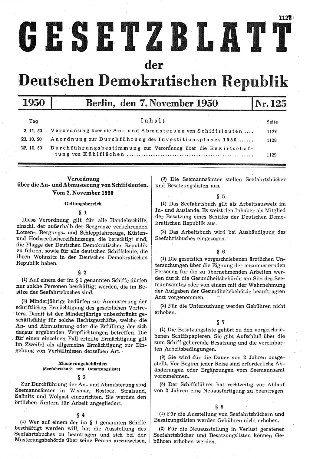Gesetzblatt (GBl.) der Deutschen Demokratischen Republik (DDR) 1950, Seite 1127 (GBl. DDR 1950, S. 1127)