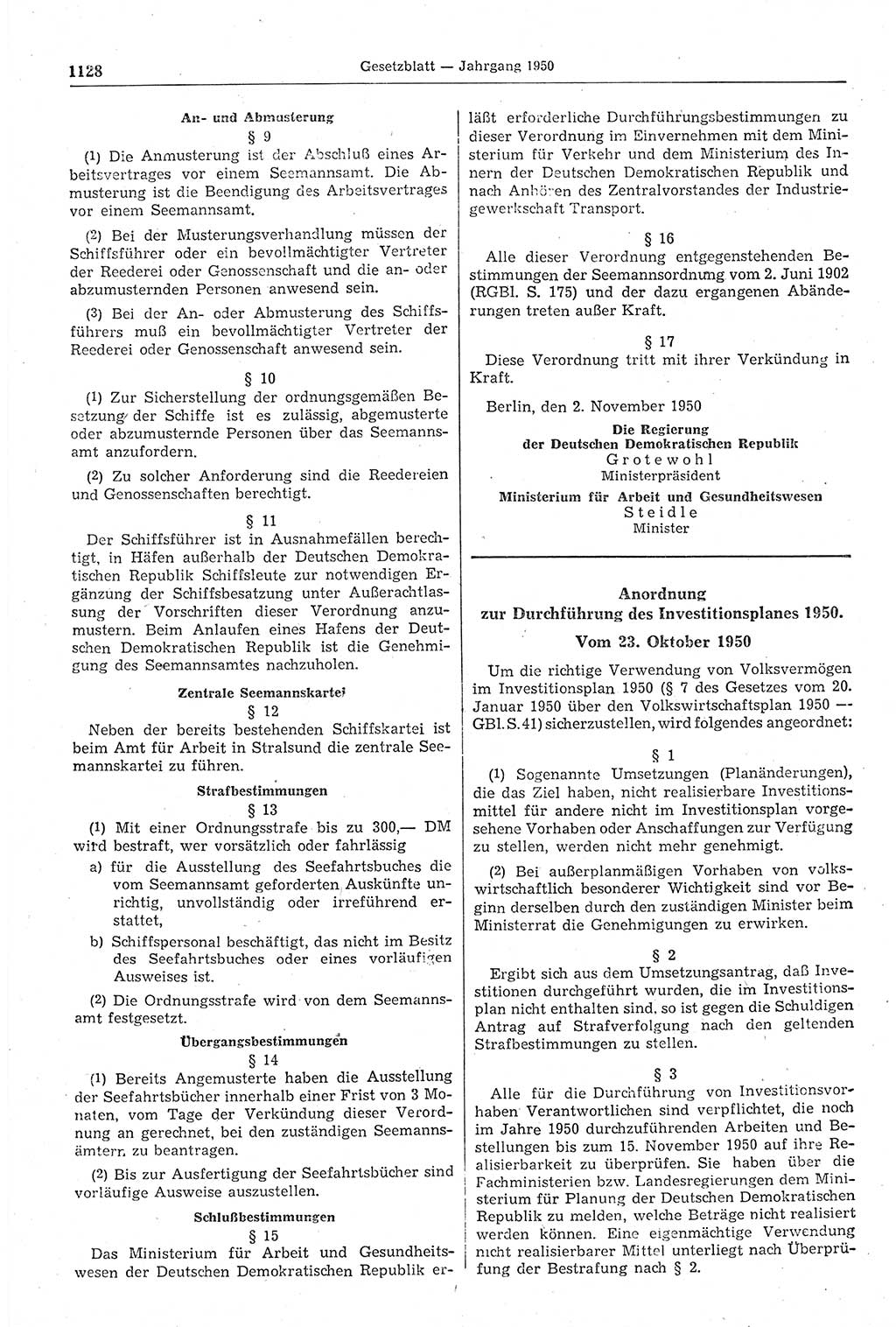Gesetzblatt (GBl.) der Deutschen Demokratischen Republik (DDR) 1950, Seite 1128 (GBl. DDR 1950, S. 1128)