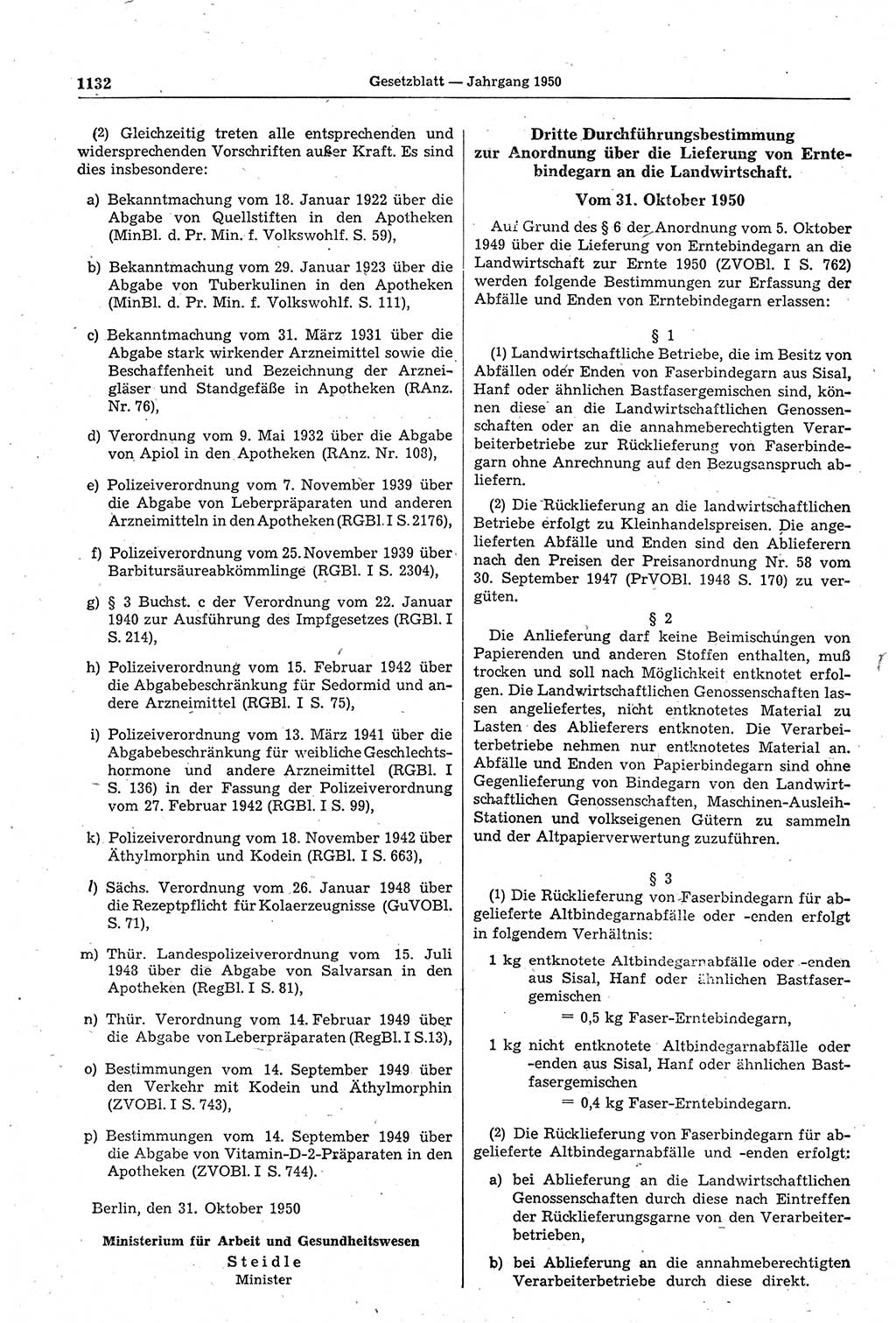 Gesetzblatt (GBl.) der Deutschen Demokratischen Republik (DDR) 1950, Seite 1132 (GBl. DDR 1950, S. 1132)