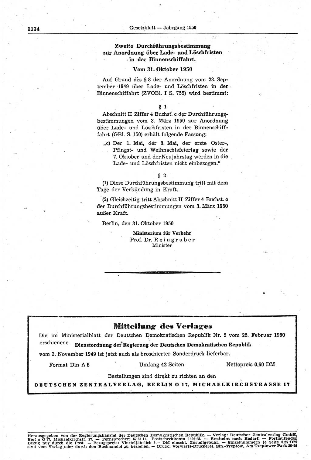 Gesetzblatt (GBl.) der Deutschen Demokratischen Republik (DDR) 1950, Seite 1134 (GBl. DDR 1950, S. 1134)