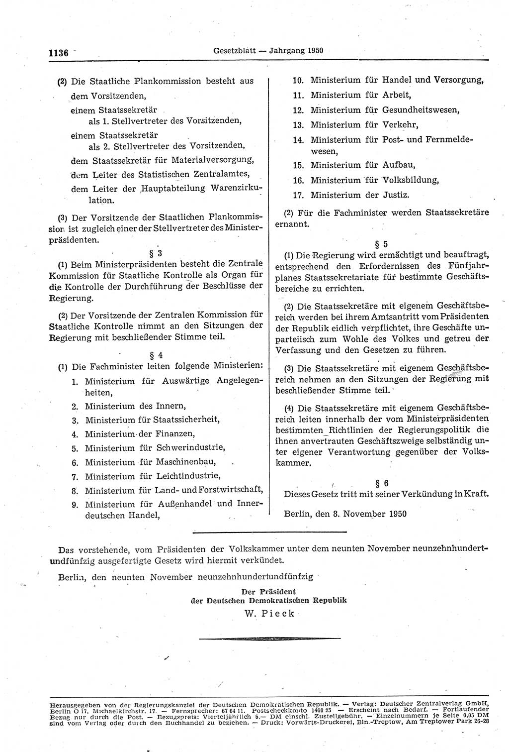 Gesetzblatt (GBl.) der Deutschen Demokratischen Republik (DDR) 1950, Seite 1136 (GBl. DDR 1950, S. 1136)