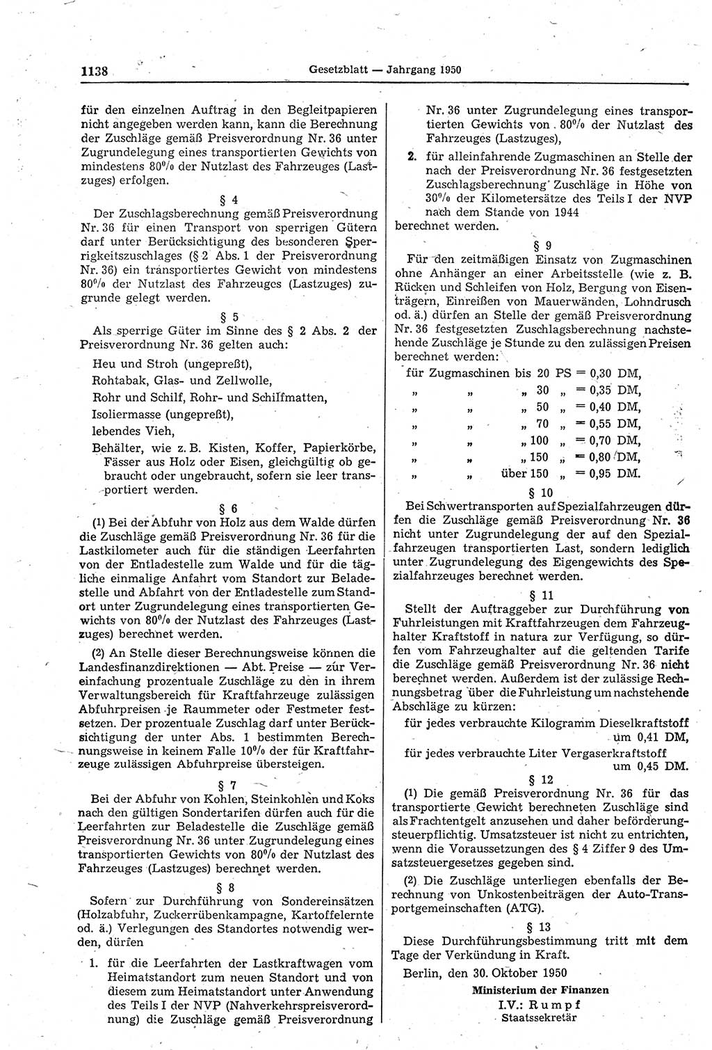 Gesetzblatt (GBl.) der Deutschen Demokratischen Republik (DDR) 1950, Seite 1138 (GBl. DDR 1950, S. 1138)