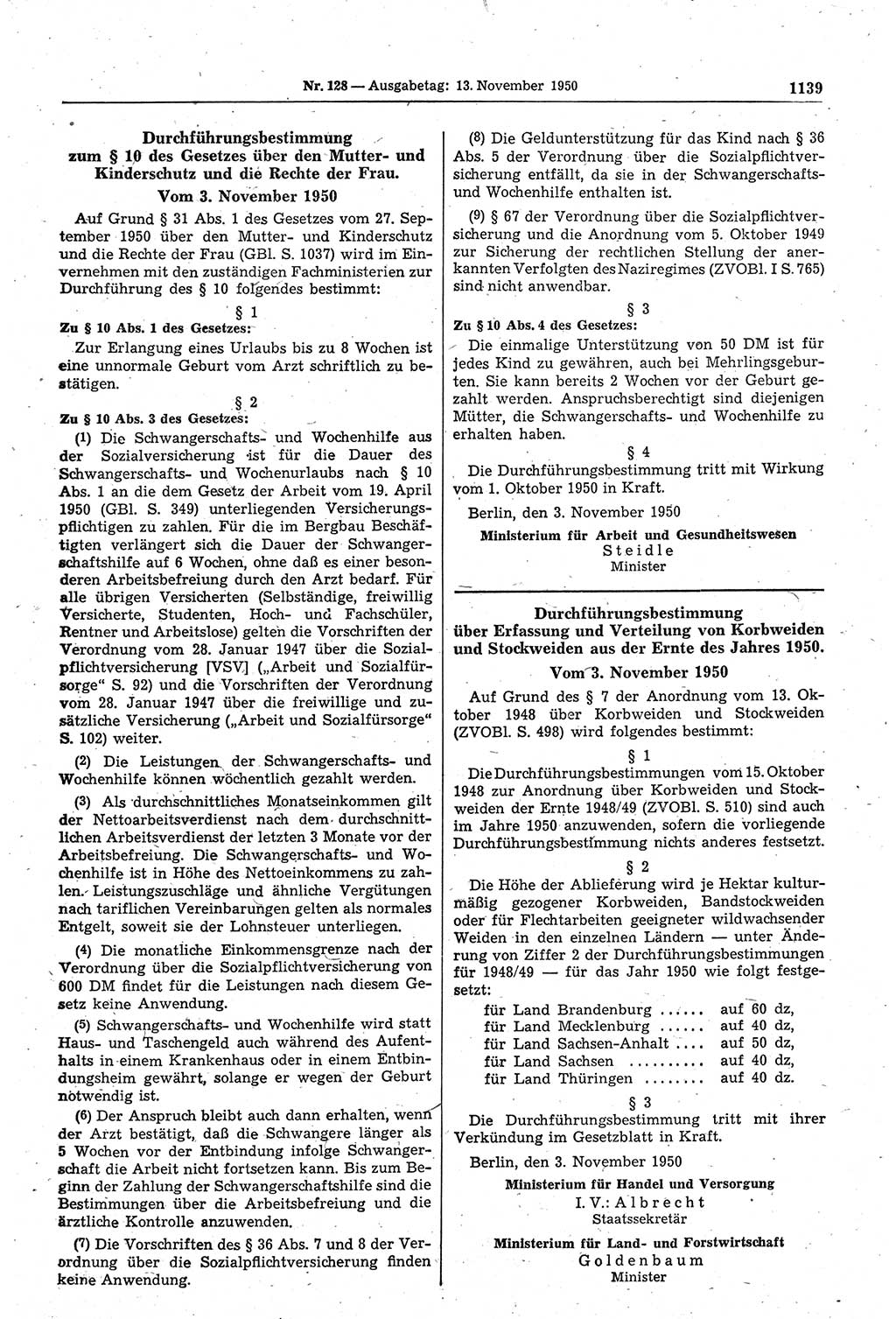 Gesetzblatt (GBl.) der Deutschen Demokratischen Republik (DDR) 1950, Seite 1139 (GBl. DDR 1950, S. 1139)