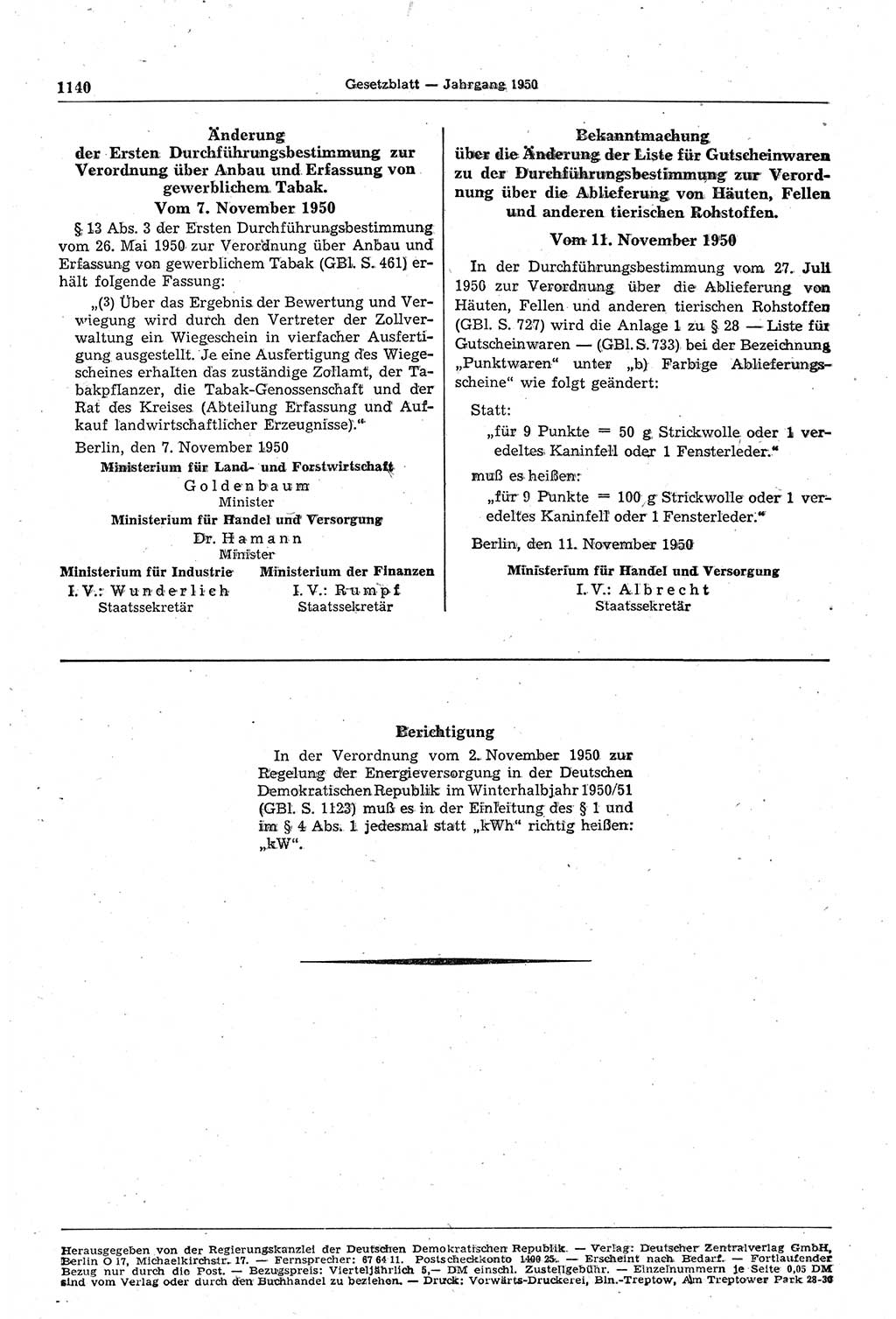 Gesetzblatt (GBl.) der Deutschen Demokratischen Republik (DDR) 1950, Seite 1140 (GBl. DDR 1950, S. 1140)