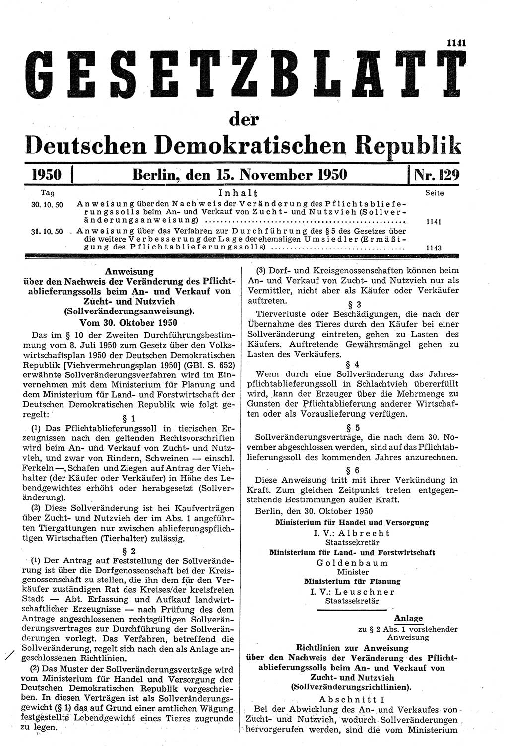 Gesetzblatt (GBl.) der Deutschen Demokratischen Republik (DDR) 1950, Seite 1141 (GBl. DDR 1950, S. 1141)